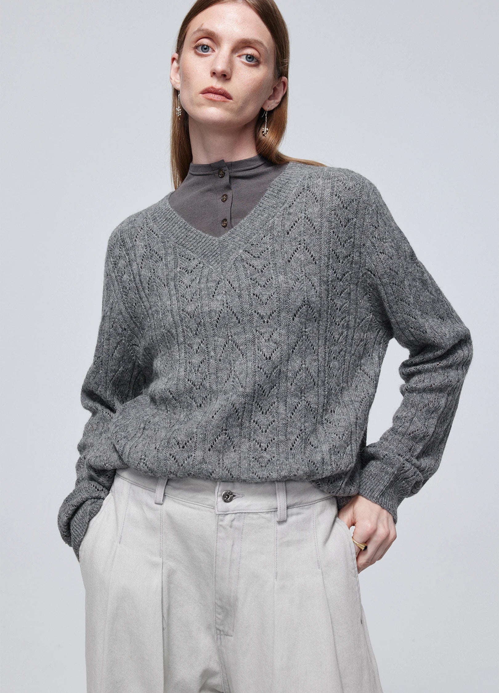 Hollow Knit V Sweater - Image 2