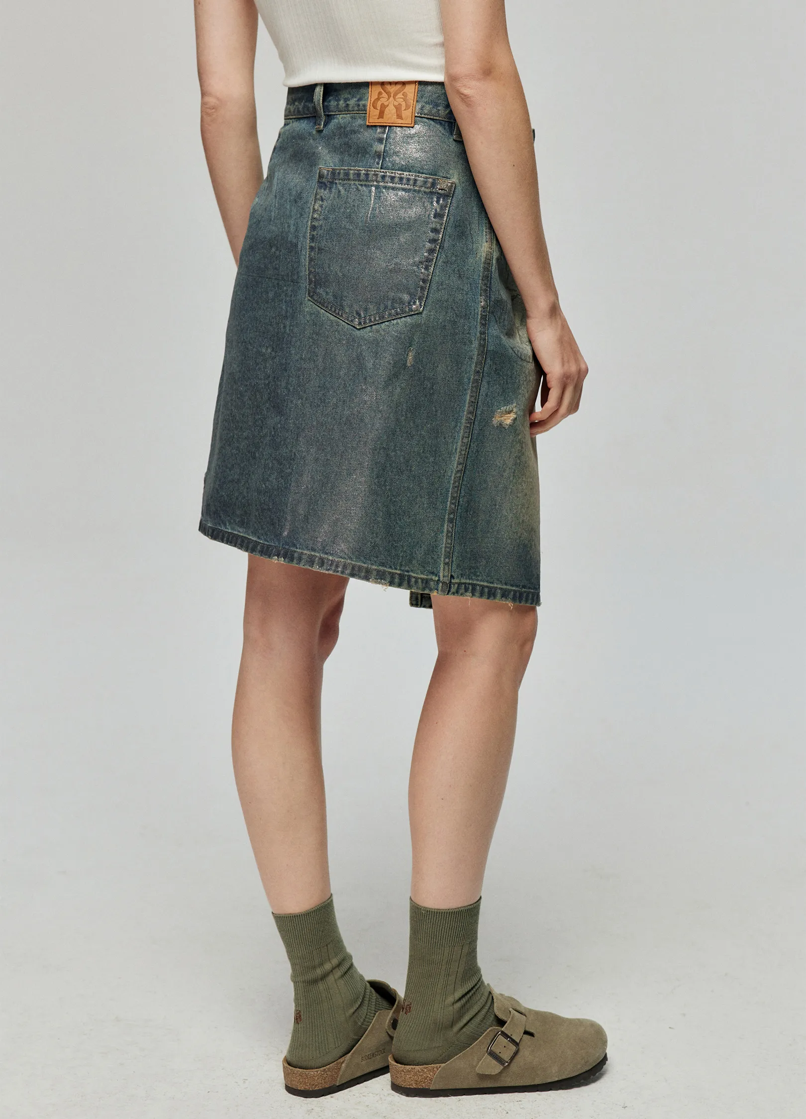 Waxed Distressed Denim Skirt - Image 10