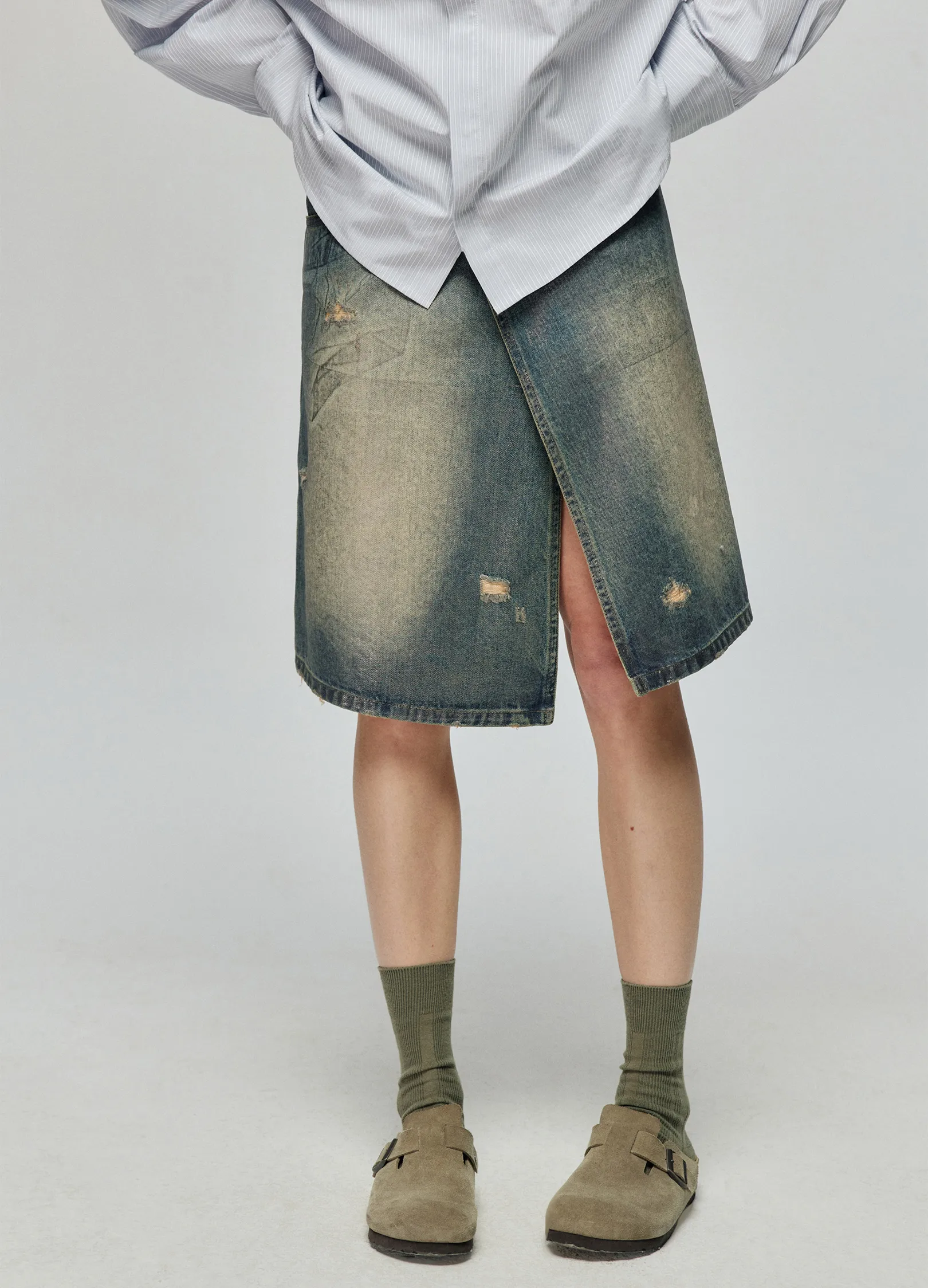 Waxed Distressed Denim Skirt - Image 11