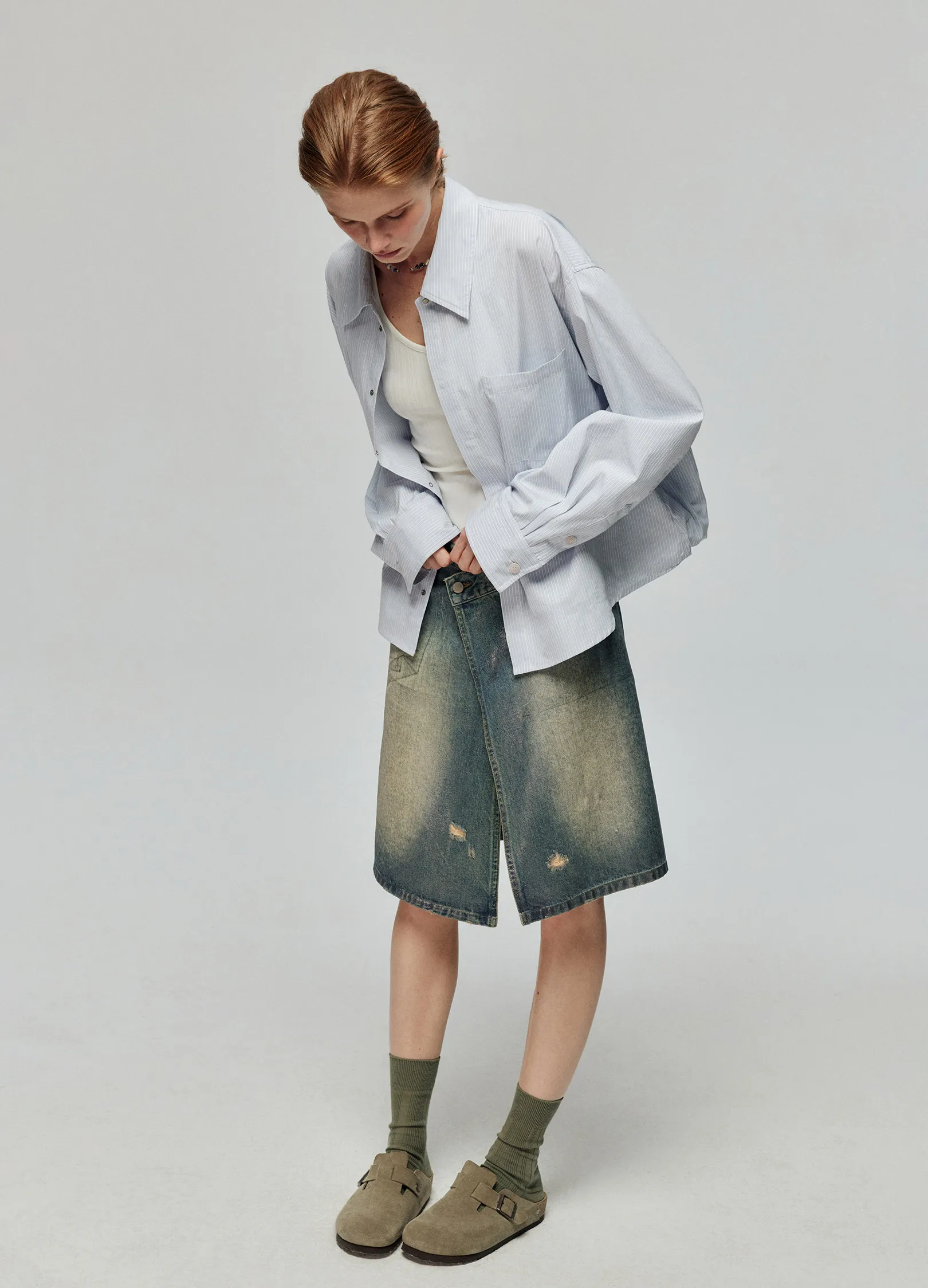 Waxed Distressed Denim Skirt - Image 12