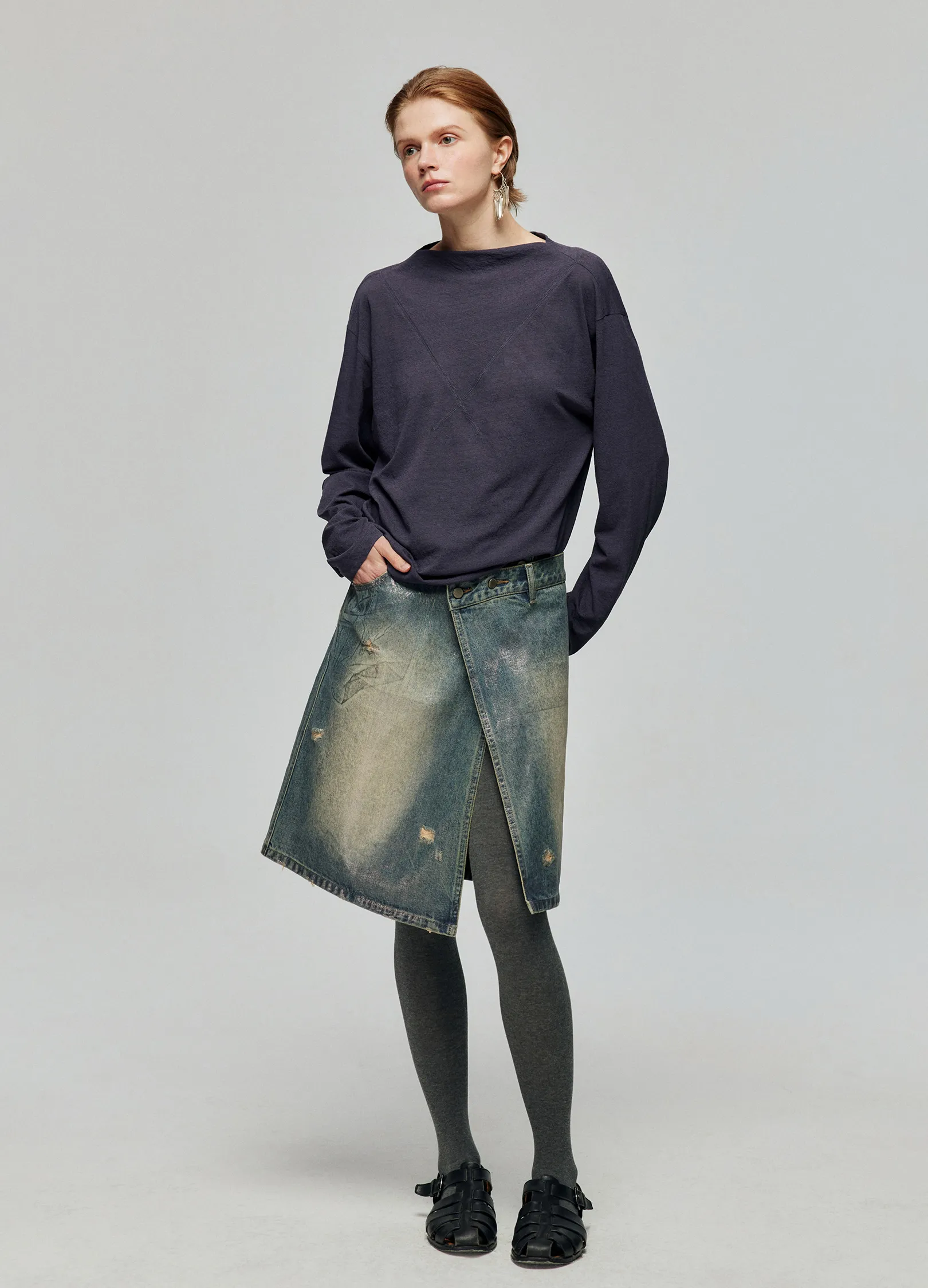 Waxed Distressed Denim Skirt - Image 5