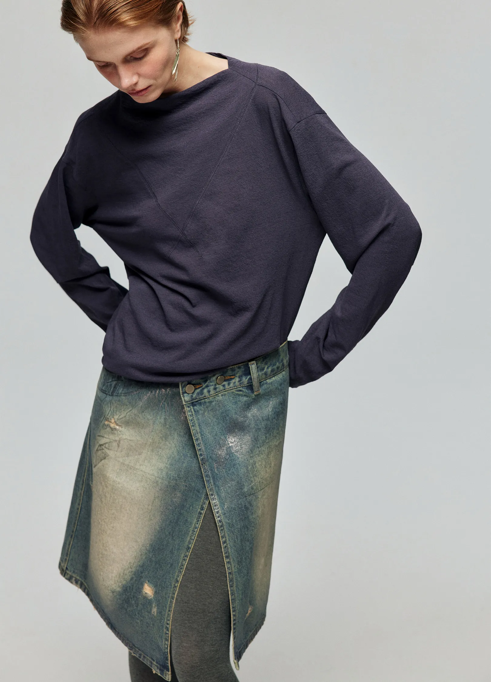 Waxed Distressed Denim Skirt - Image 6