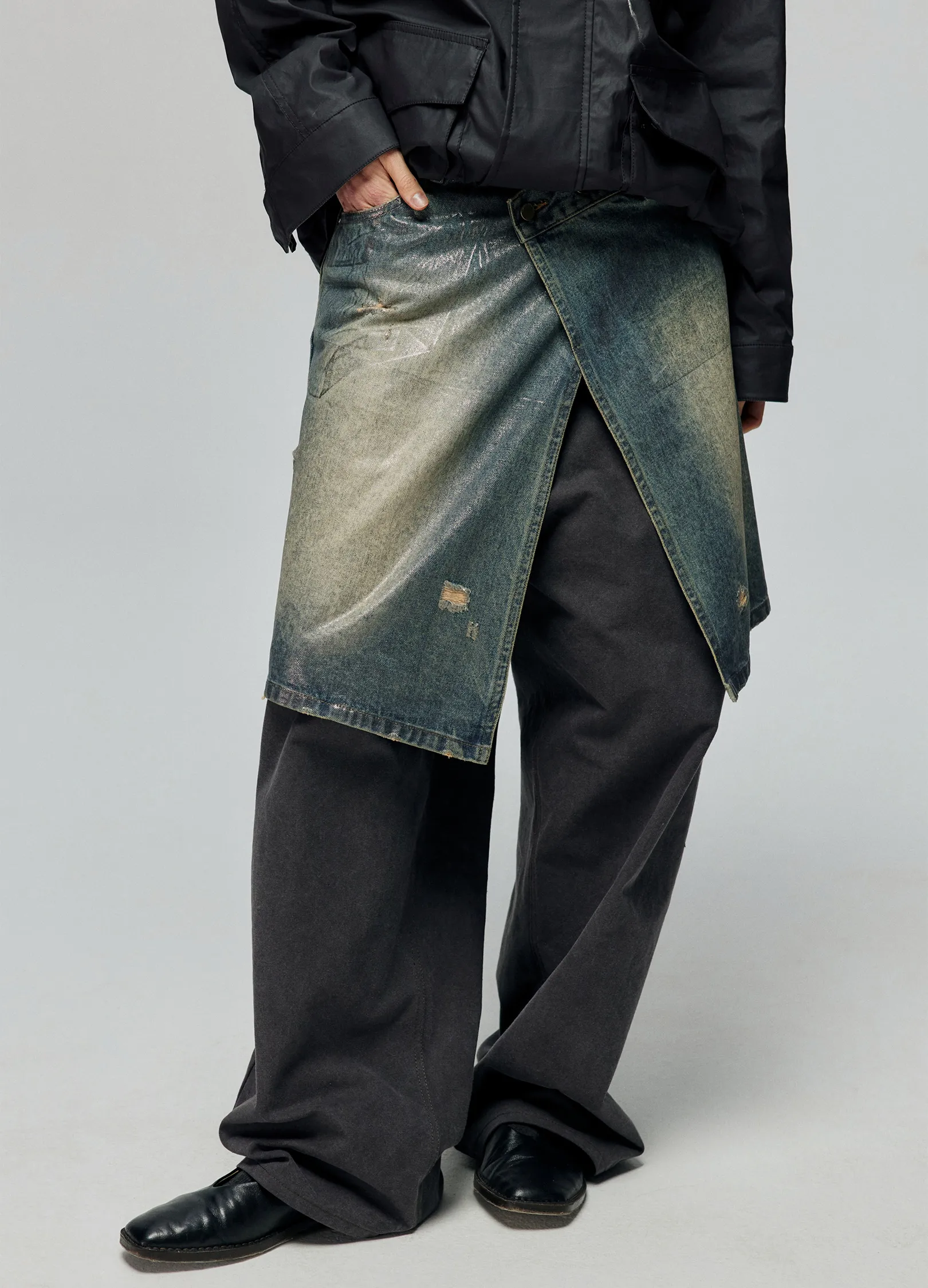 Waxed Distressed Denim Skirt - Image 8